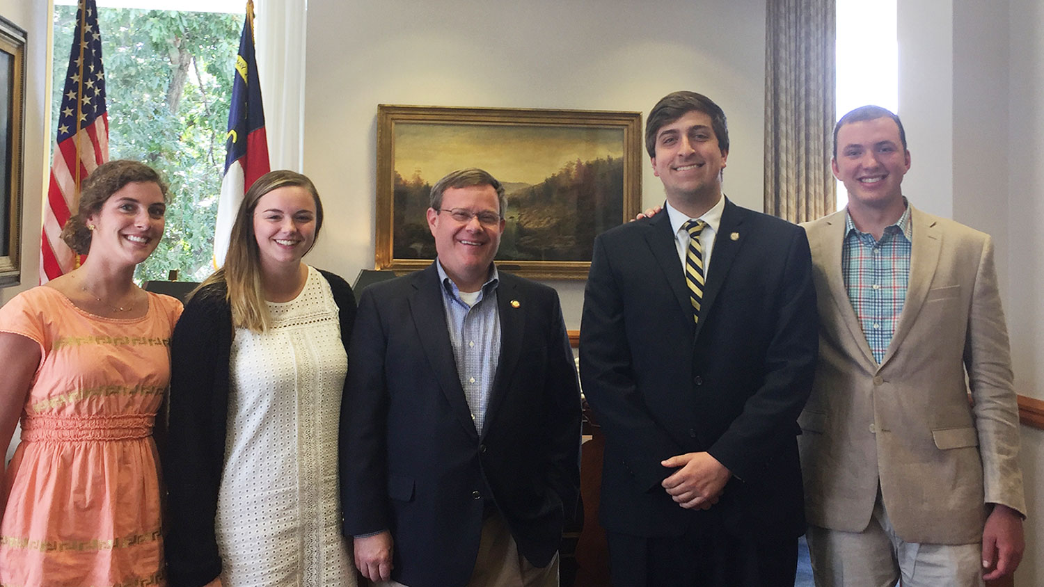 Harrison Walker (second from right) with N.C. House Speaker Tim Moore (center) and fellow interns.