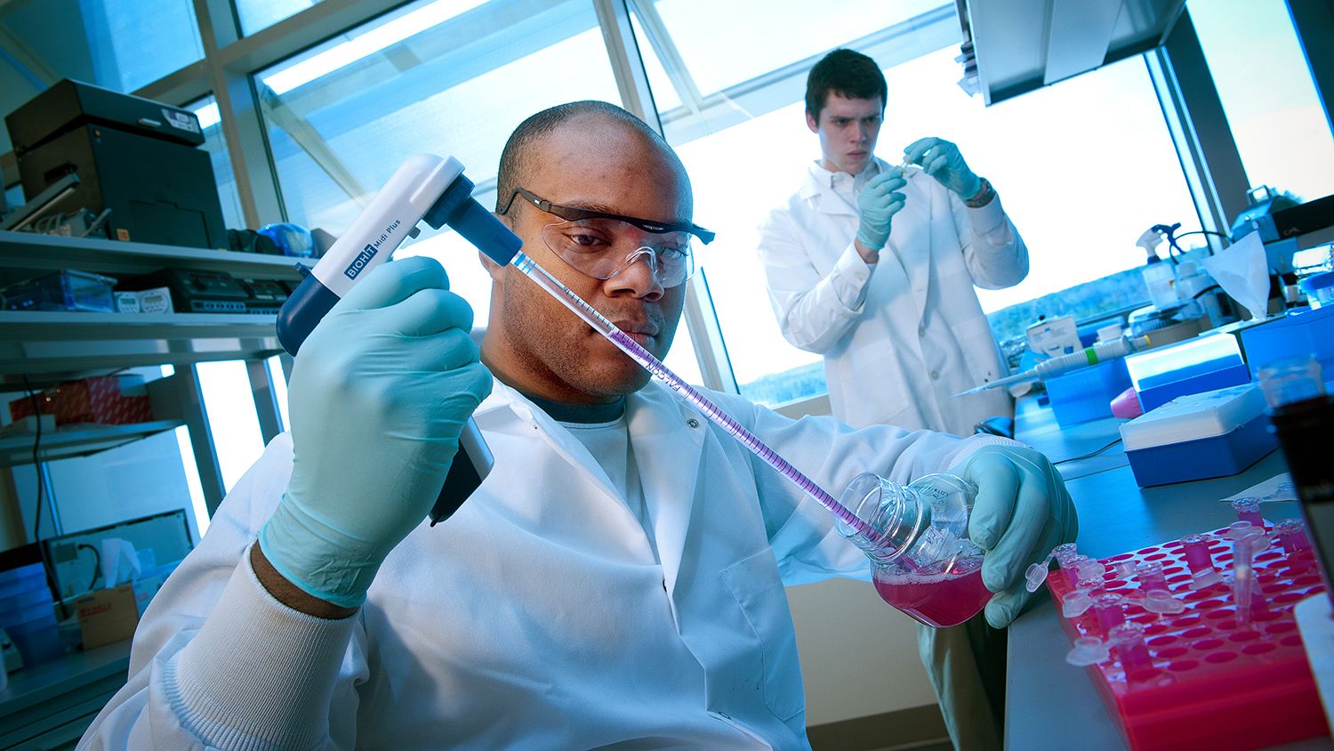 Graduate students work in the lab of Dr. Elizabeth Loboa in EBIII. Photo by Marc Hall