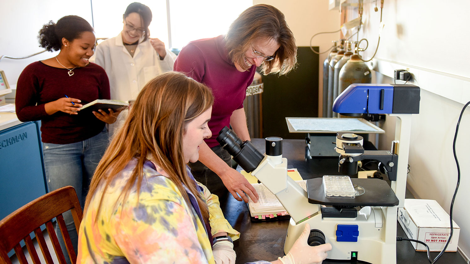 NC State Biochemistry Department Head Melanie Simpson in the lab with students