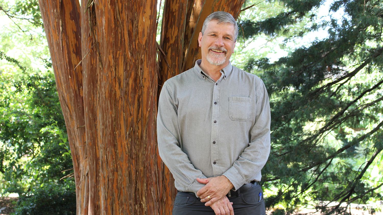 Man standing in front of a crepe myrtle trunk