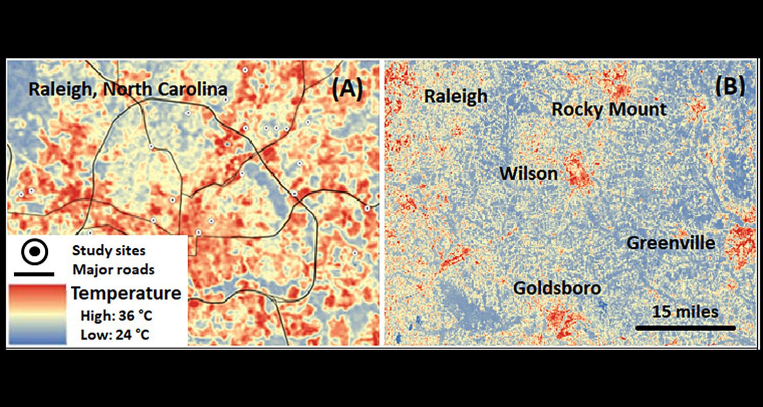 Map shows urban heat islands in and around Raleigh and several other N.C. cities. Photo courtesy of Eleanor Lahr and Steve Frank.
