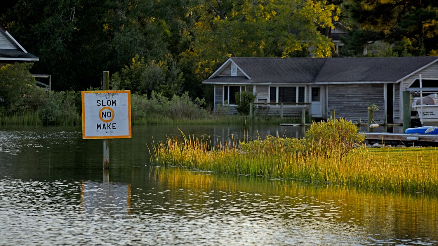 A "no wake zone" near homes and docks along Peletier Creek in Morehead City.