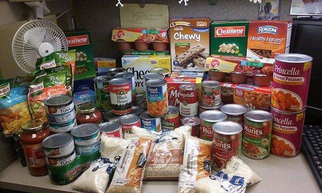 Canned and other non-perishable food items on a table