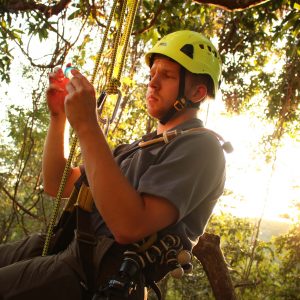 Man wearing a harness, looks a plastic collection vial.