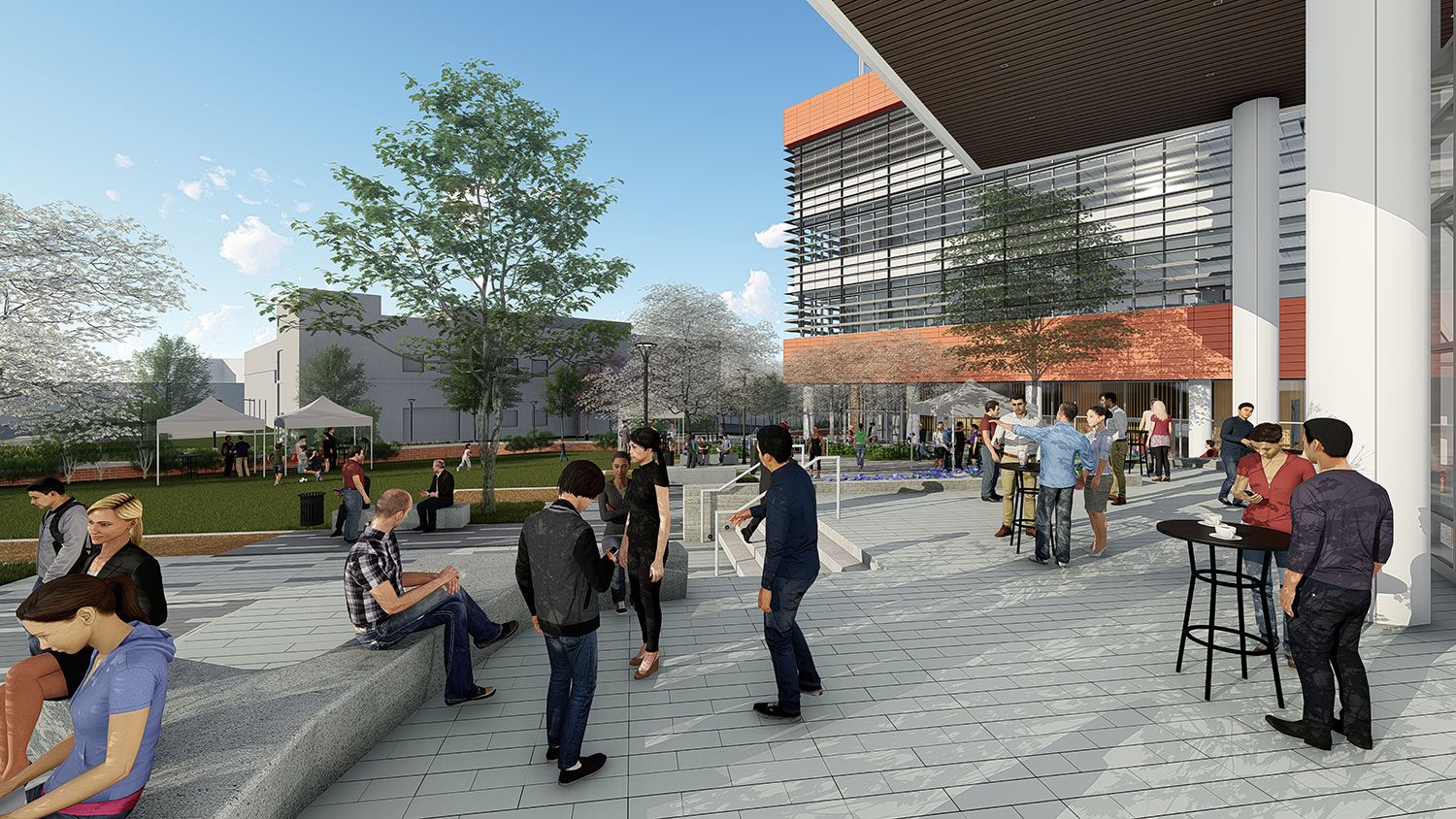 Clusters of people talking outside the Plant Sciences Building