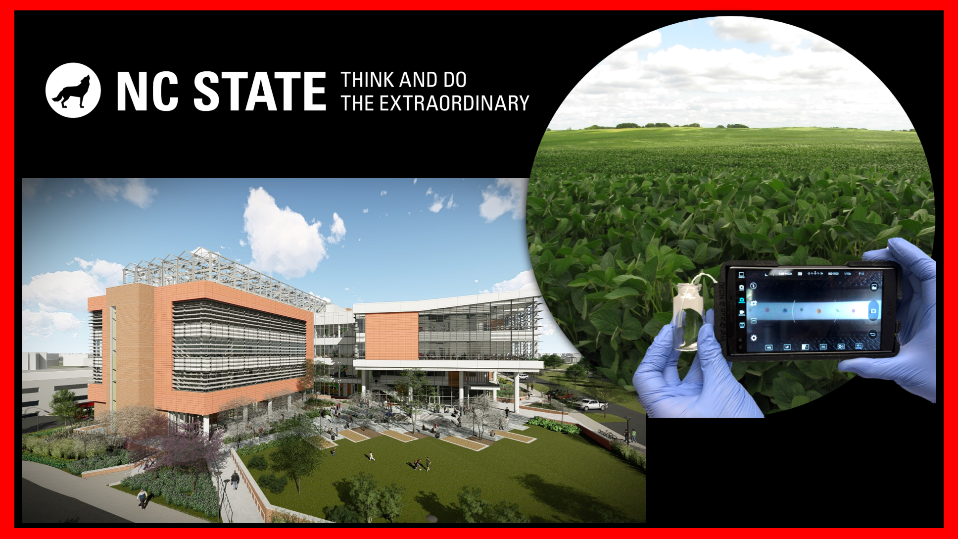 Plant Sciences Building rendering and smartphone in a field