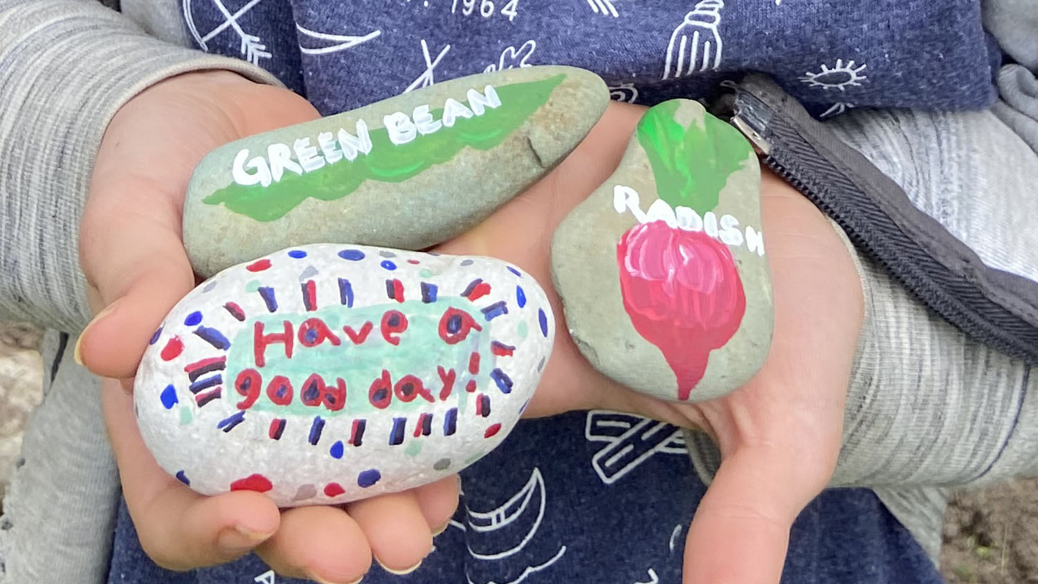 Two hands holding rocks with drawings labeled "green bean," "radish," and "Have a good day!"