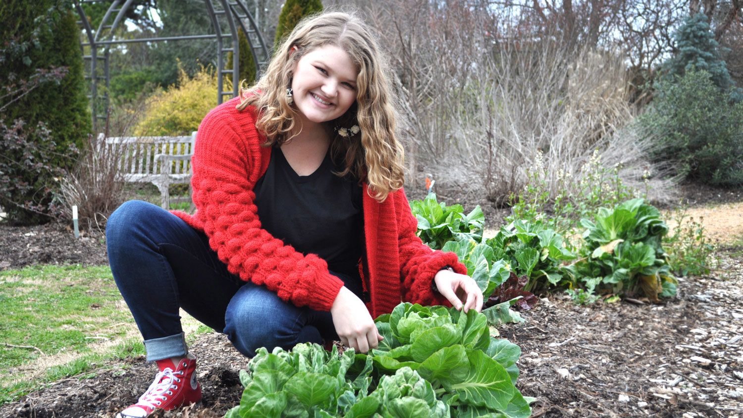 A young woman crouched down next to a cabbage plant.