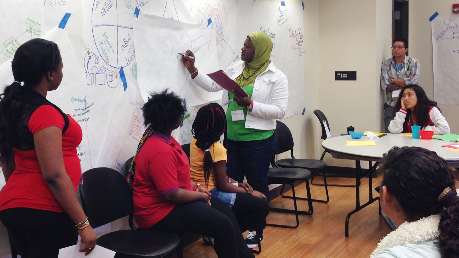 A group of youth with a woman writing on a white board.