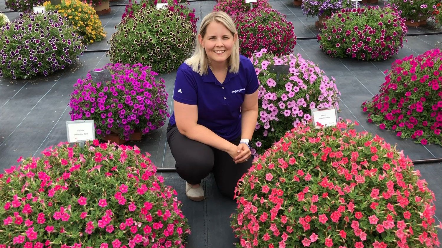 A blonde woman kneeling down next to large pots of bedding flowers.