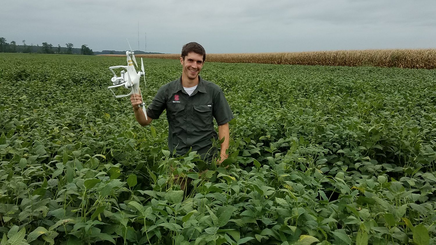 A man holding a drone in a soybean field