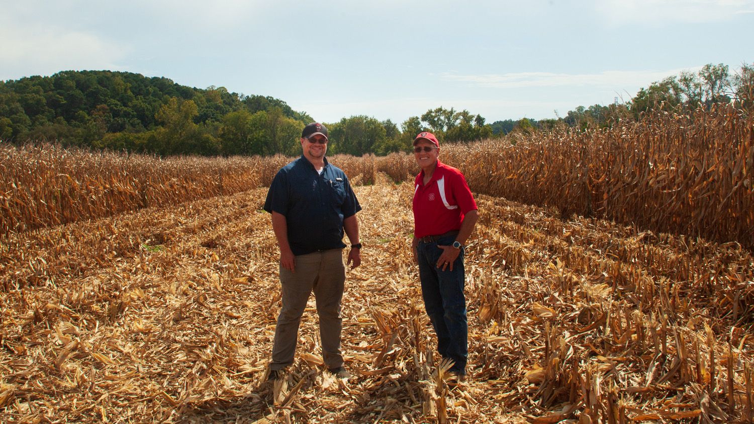 Father and son stand side by side in a corn plot