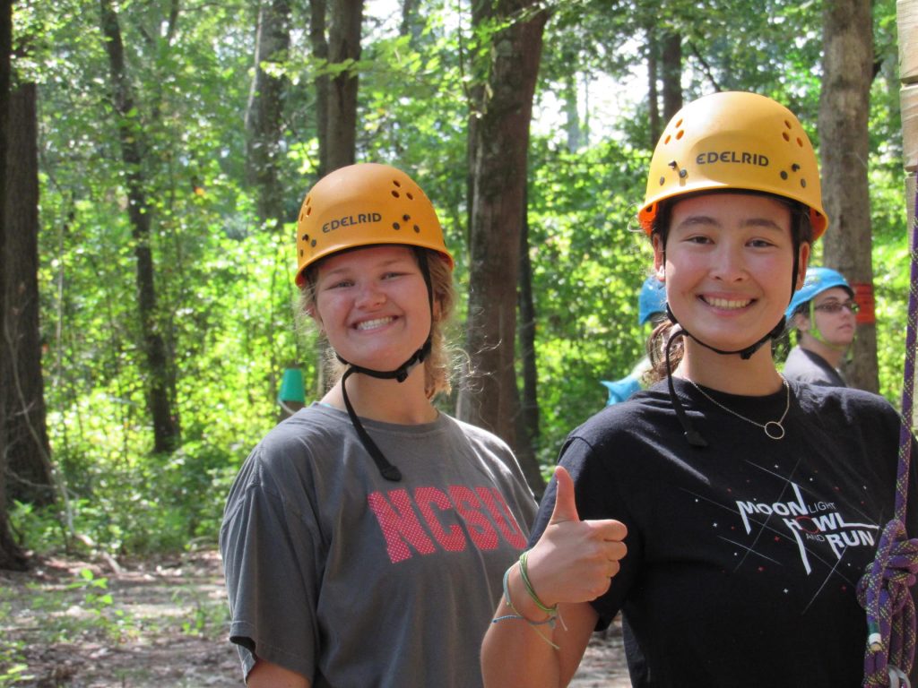 Alisa Andrews prepares to climb a rock wall on the annual Jefferson Scholar fall retreat. 