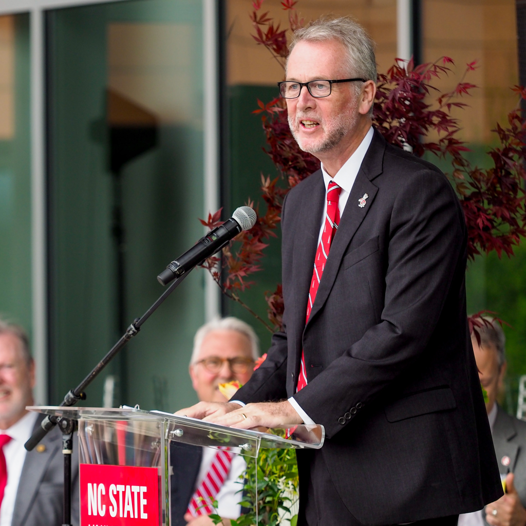 Adrian Percy speaking at the NC State Plant Sciences Building dedication ceremony.