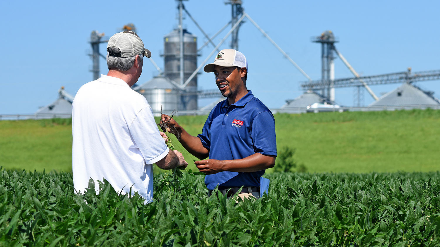 two men in a farm field talking
