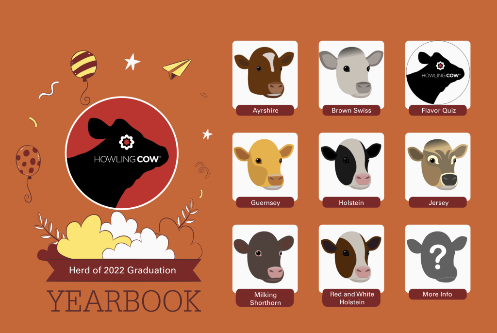 an illustration with seven different breeds of dairy cows at Howling Cow