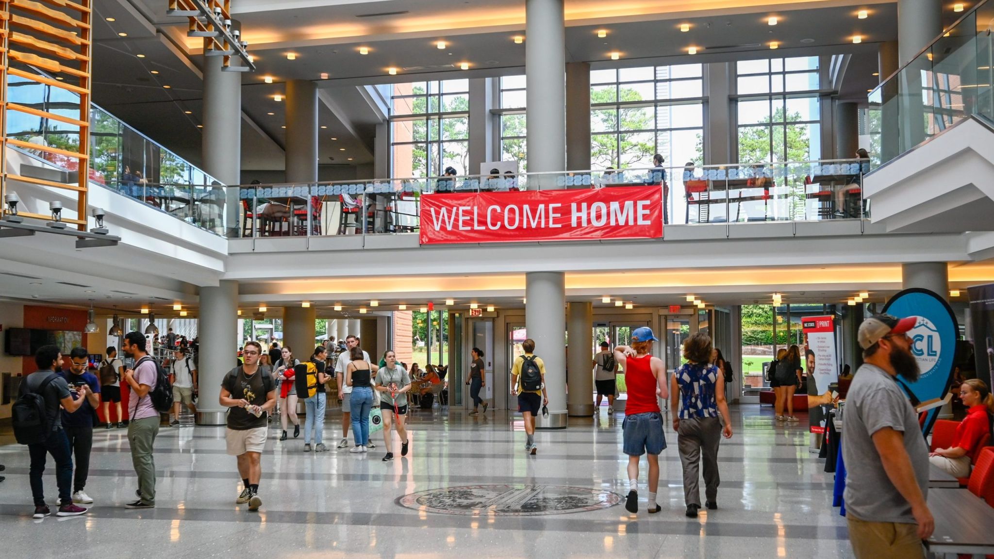 A "Welcome Home" banner hangs in Talley Student Union.