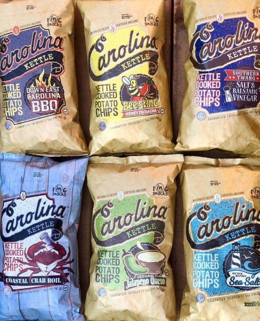 six different flavors of Carolina Kettle chips.