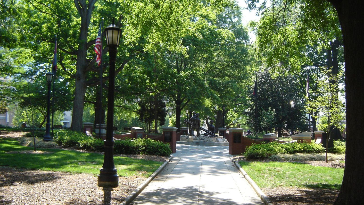 trees line Nash Square in downtown Raleigh