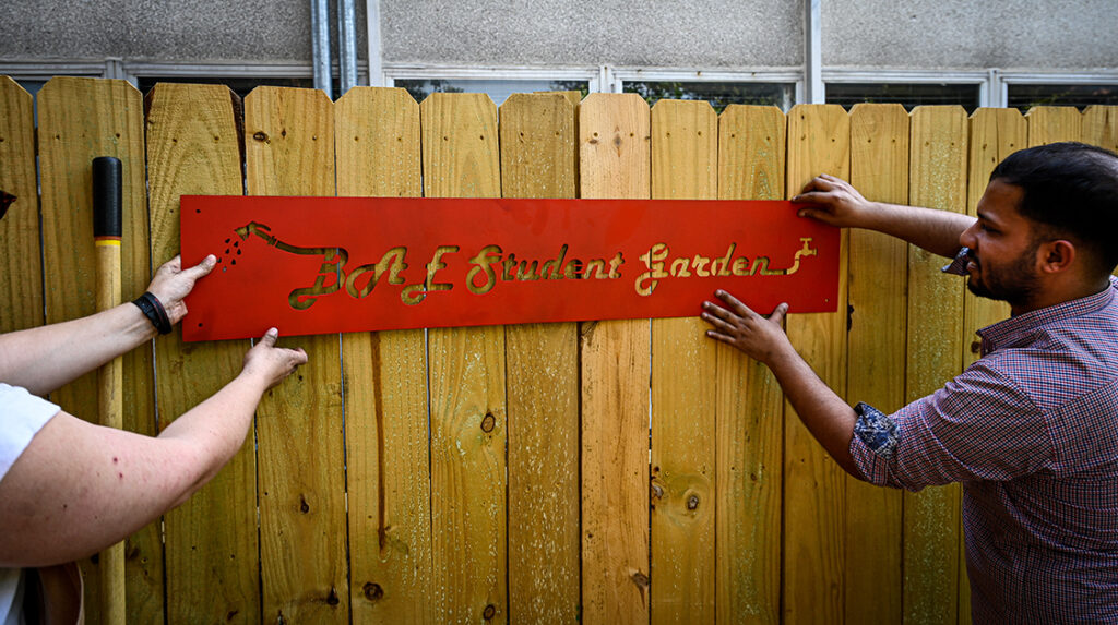 students hanging a sign on a wooden fence