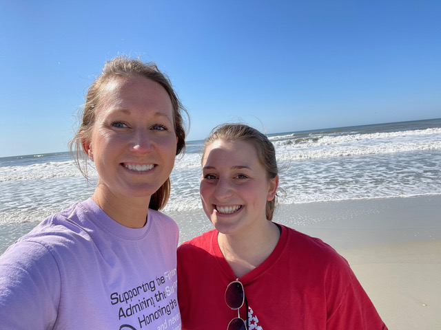Two women smiling at the North Carolina coast