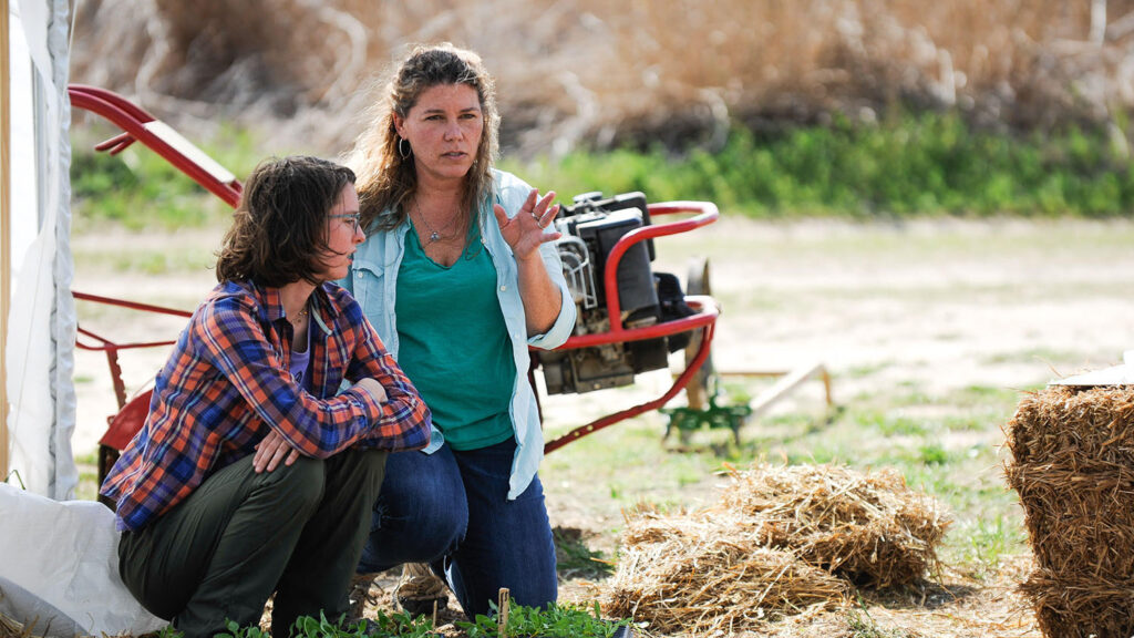 two women looking over hay and plants