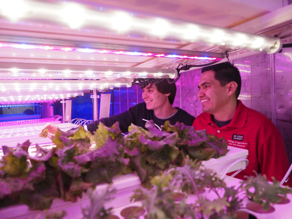 faculty and student in a vertical farm looking at plants