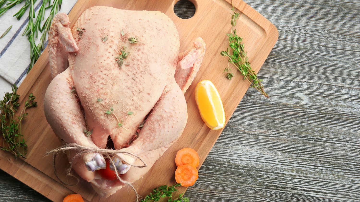 raw turkey on a cutting board with vegetables