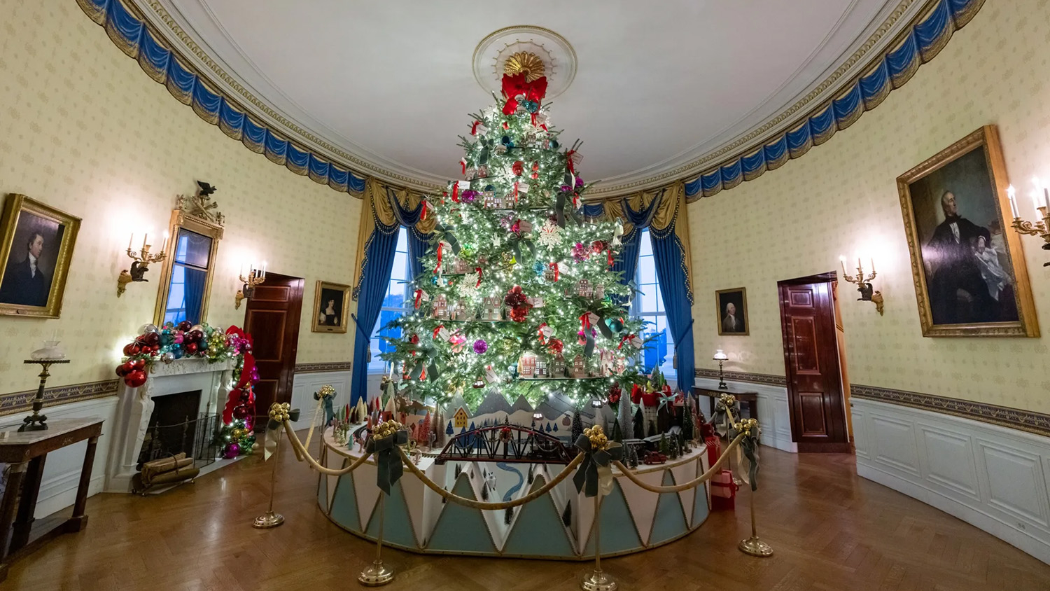 Christmas tree in the Blue Room of the White House.