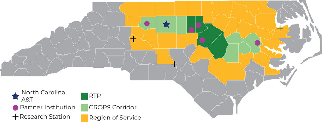 a map of north carolina highlighting the 42 county agricultural tech innovation corridor