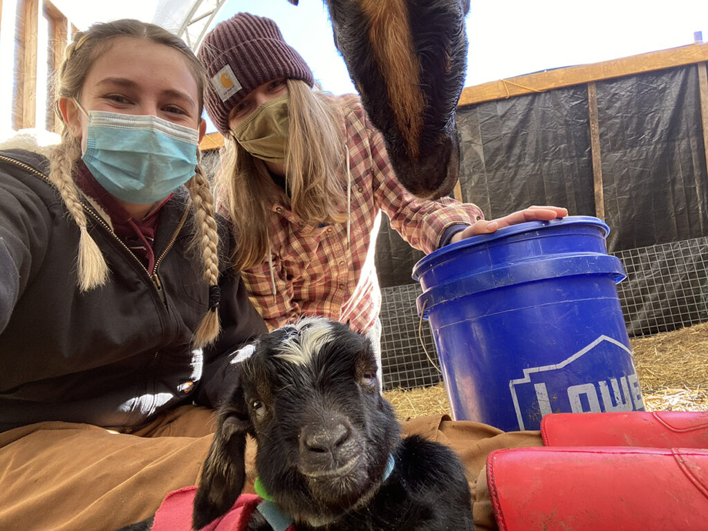 two women with a goat and a horse