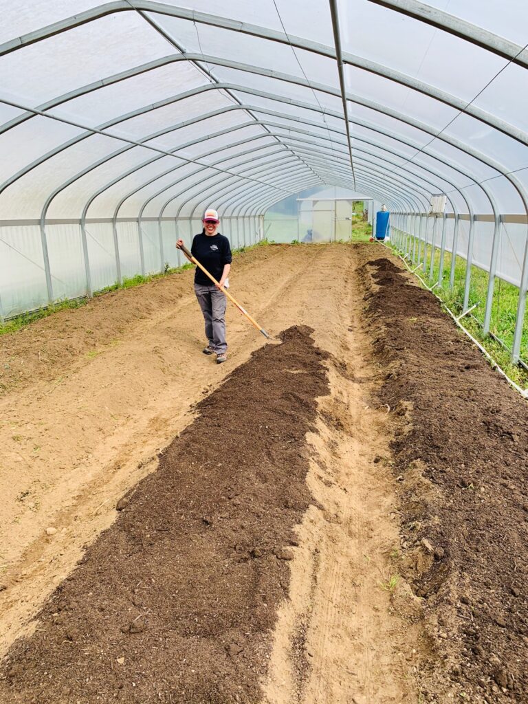 Woman tilling soil in greenhouse