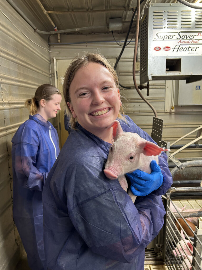 Young woman holding a piglet