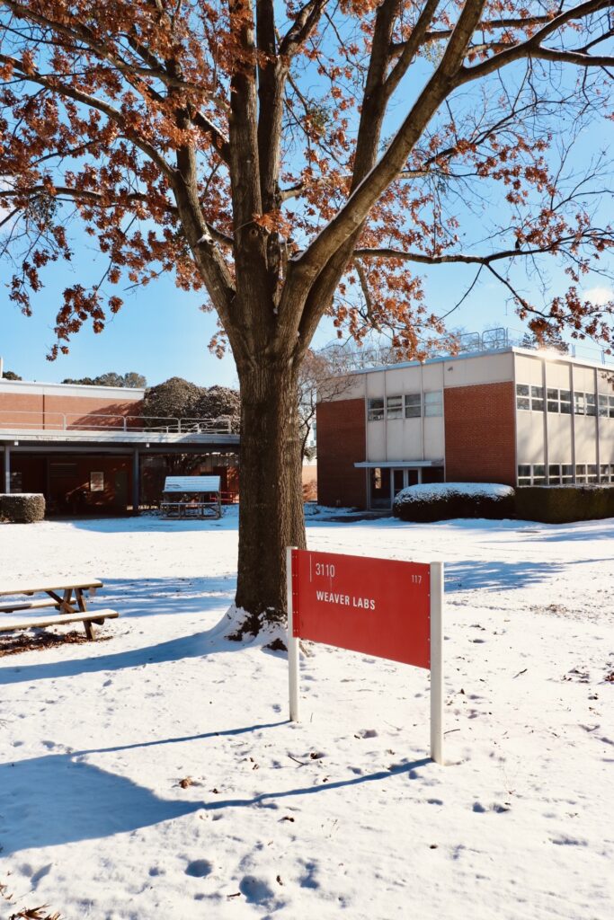 snow surrounding a brick building