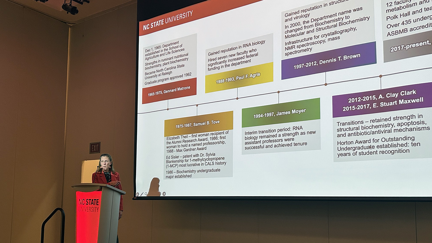 a woman stands in front of a screen projector with boxes of text on the screen