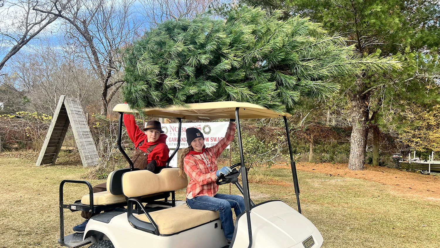 a young woman and young sit in a golf car with a christmas tree on top