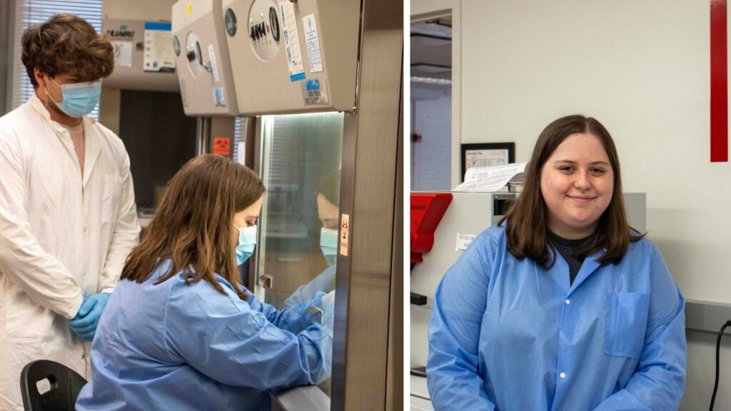 Julia works in a fume hood on left, Julia smiles to camera in a lab on right