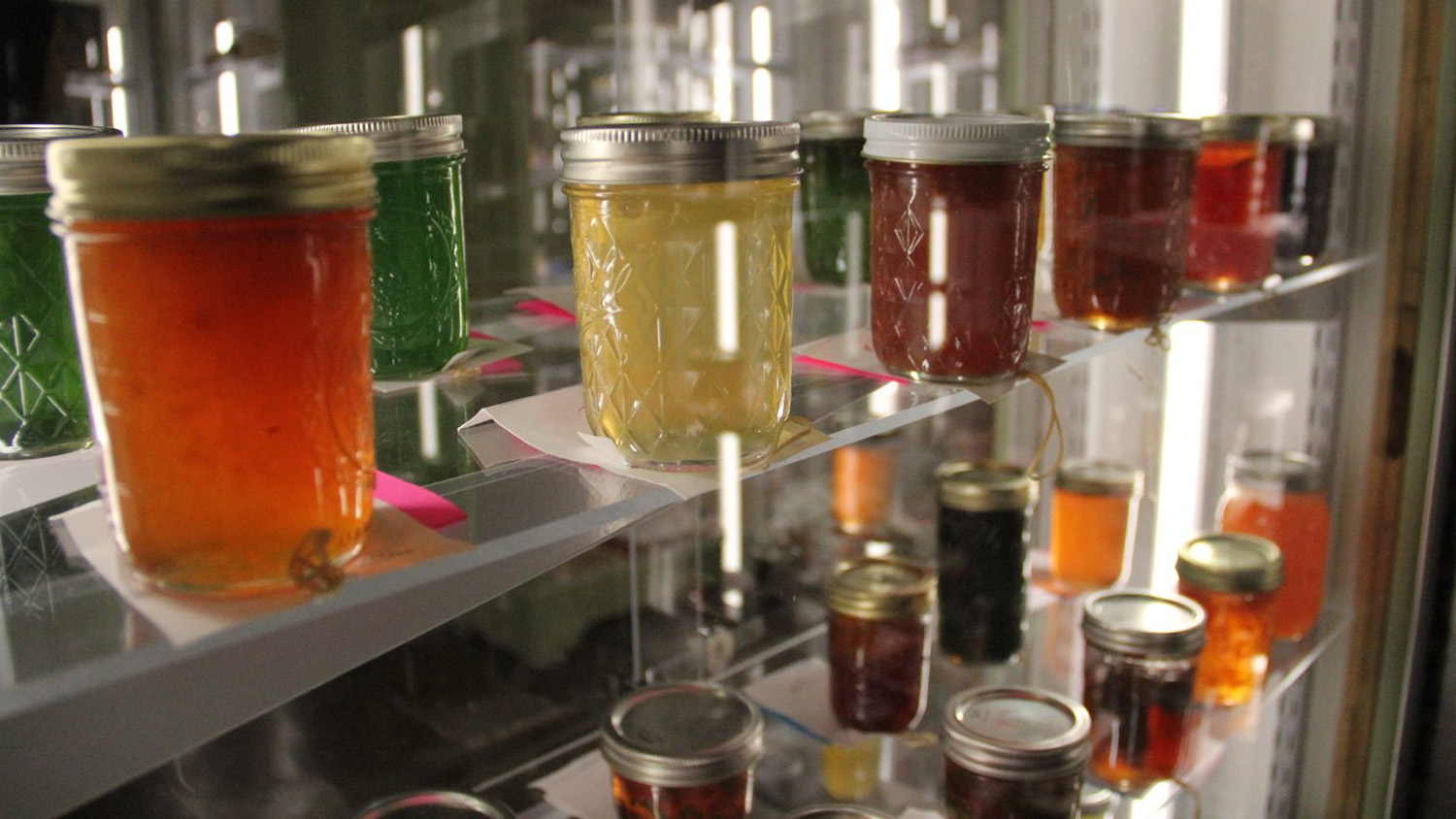 rows of different colored james in glass jars with silver lids
