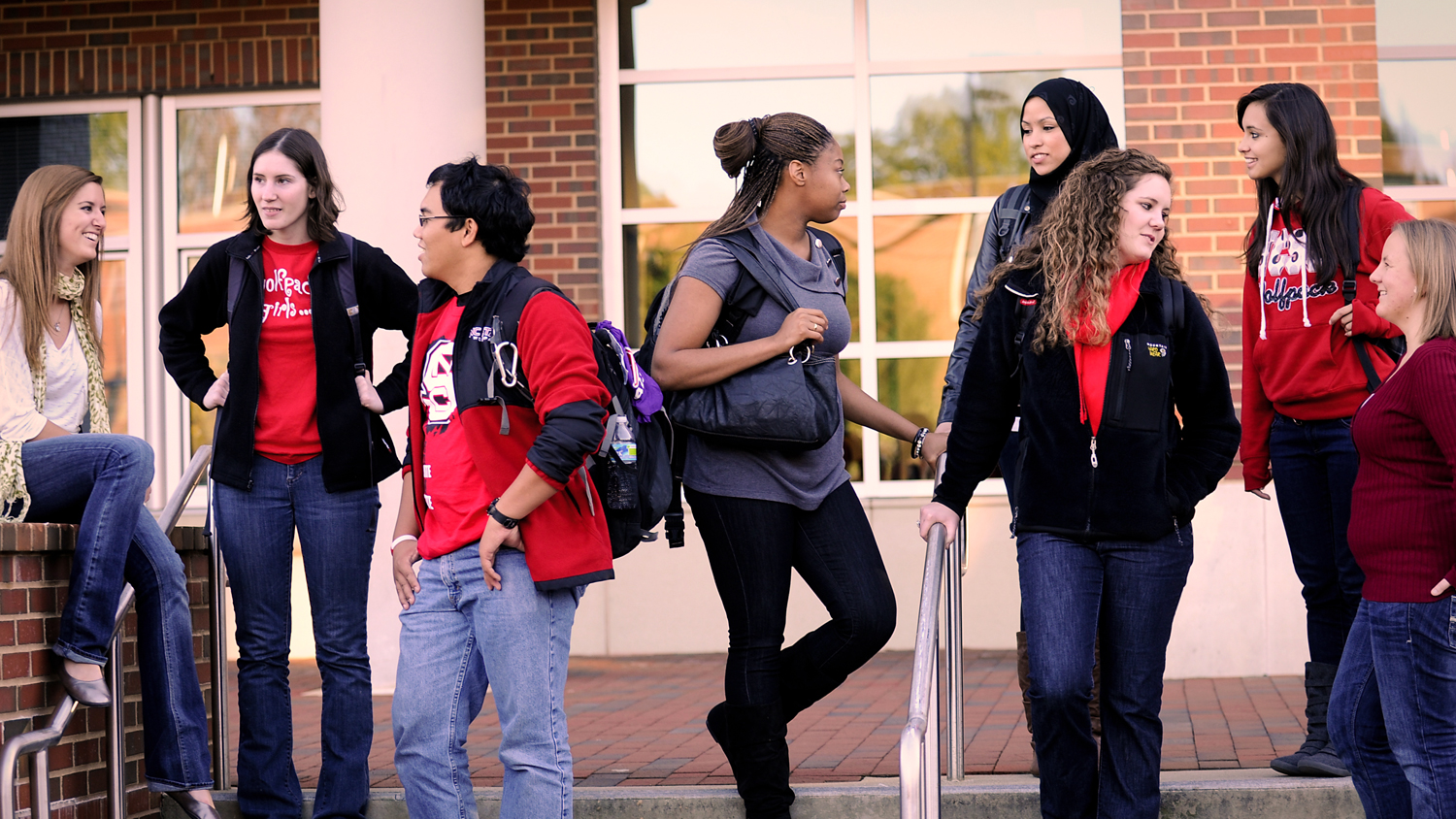 Students on stairs talking