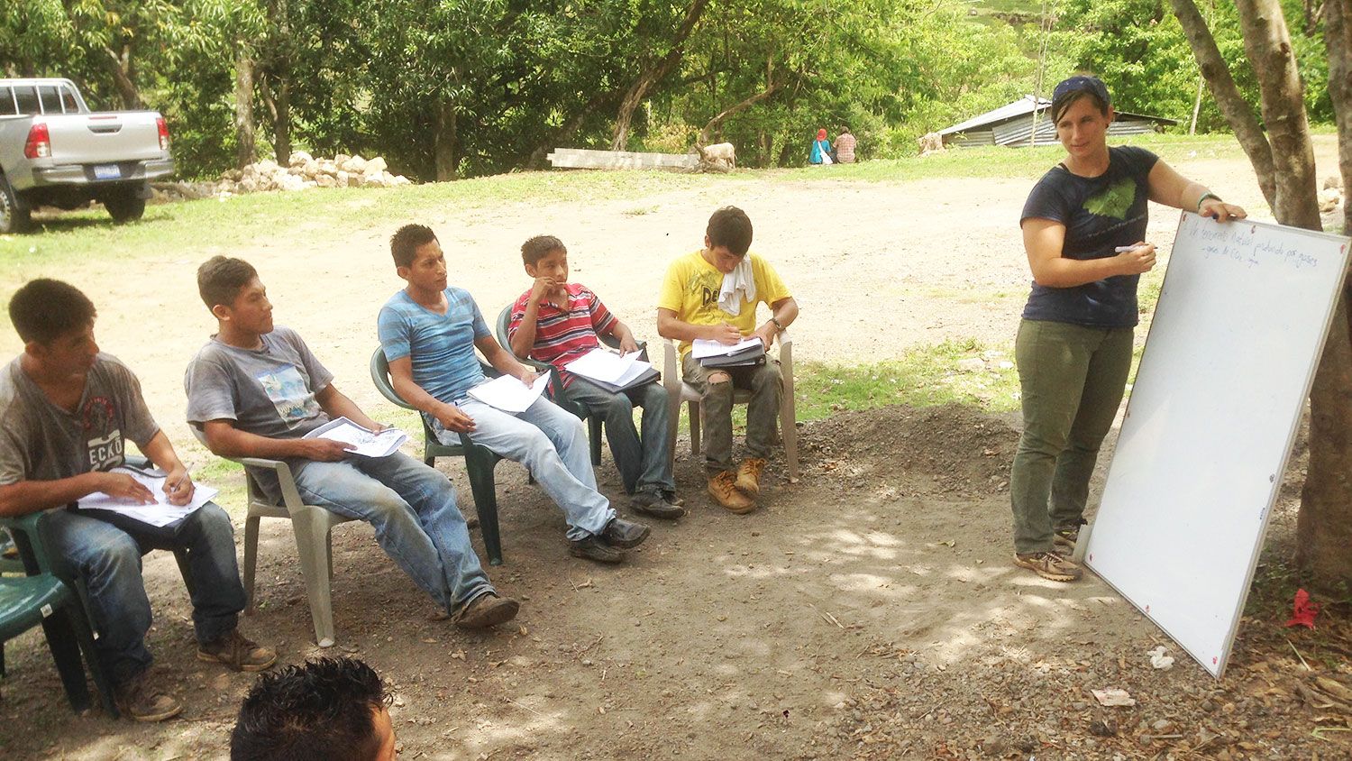 CALS grad student Angel Cruz with farmers in El Salvador
