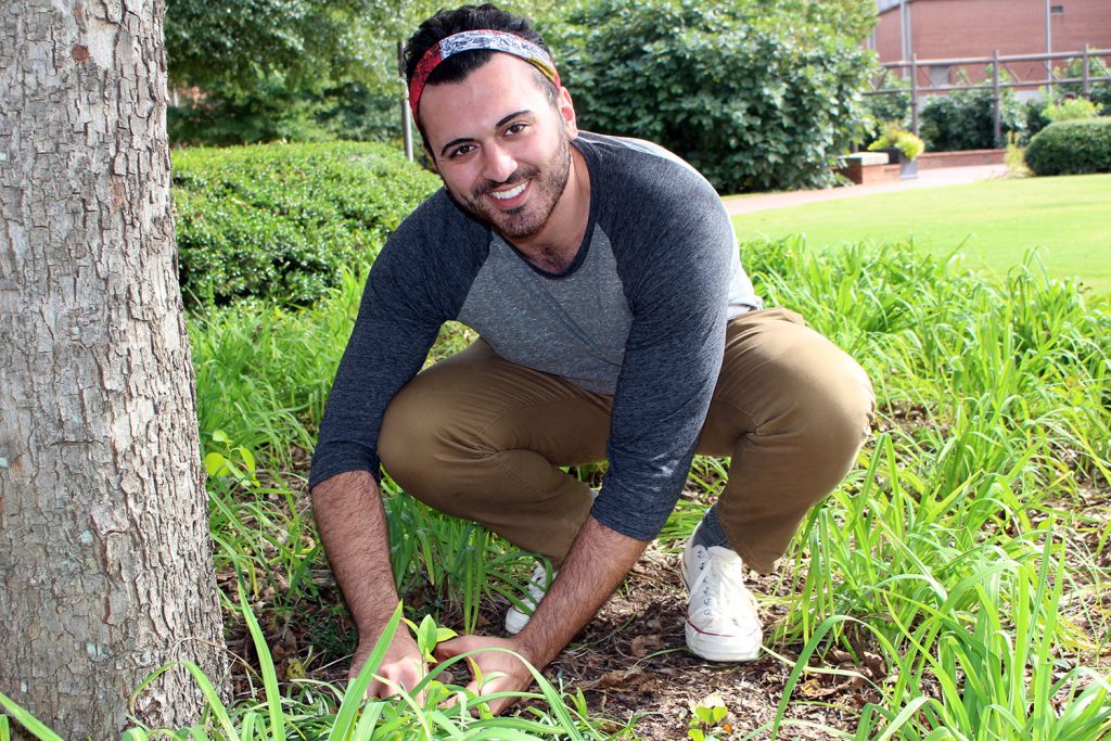 Student scientist looks for ants near a tree on NC State's campus.