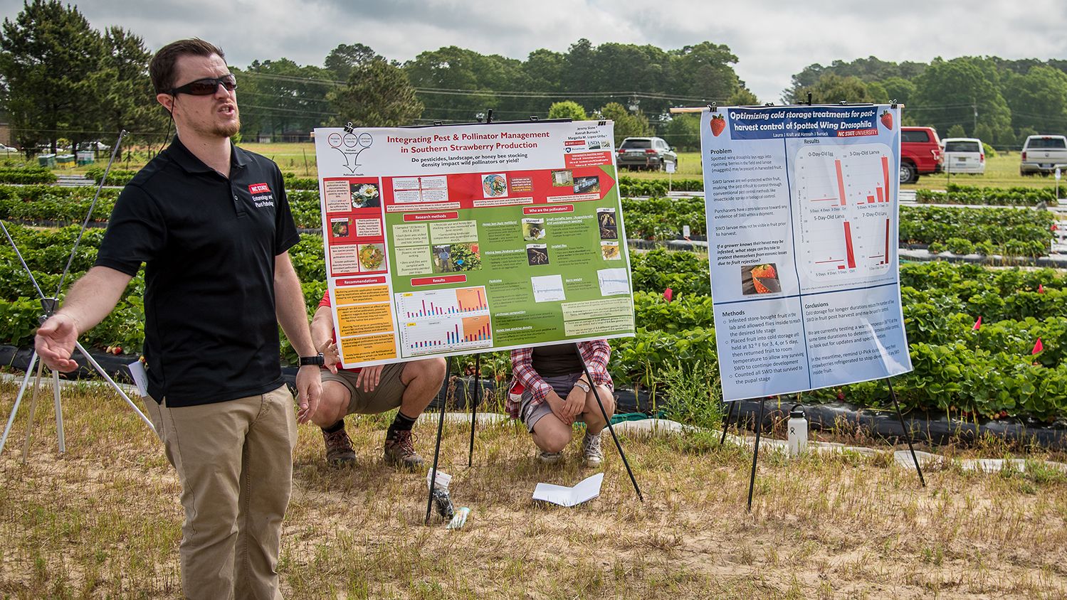 Young male speaking in a field of strawberries with two posters in background