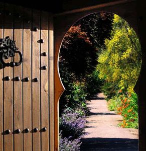 Photo of trees and flowers through a door way.