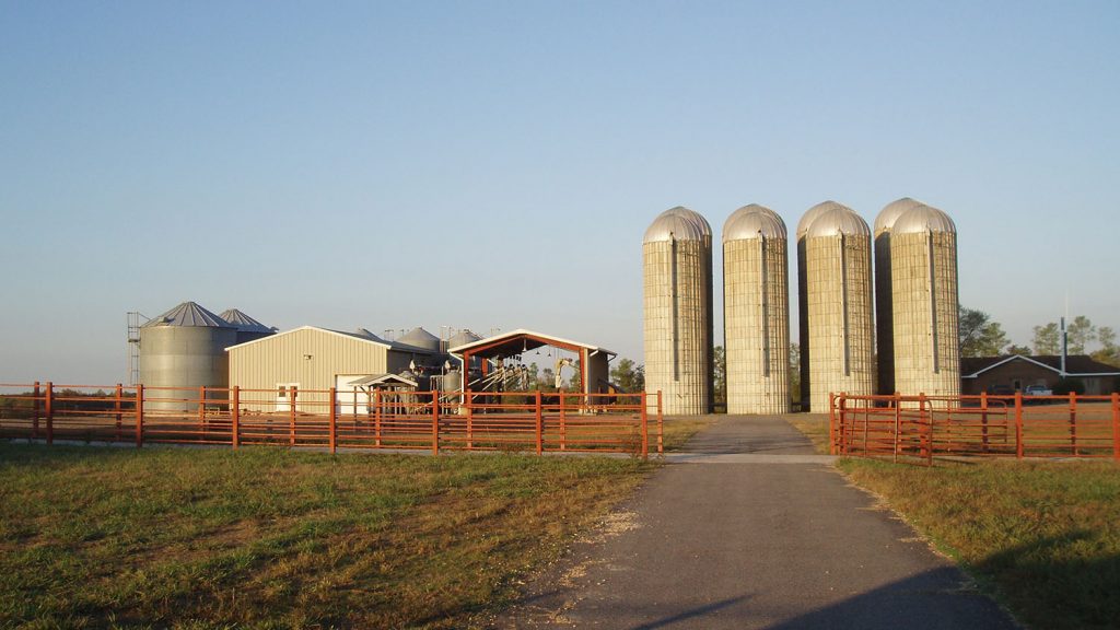 Feedmill and storage silos at Butner Beef Cattle Field Lab.