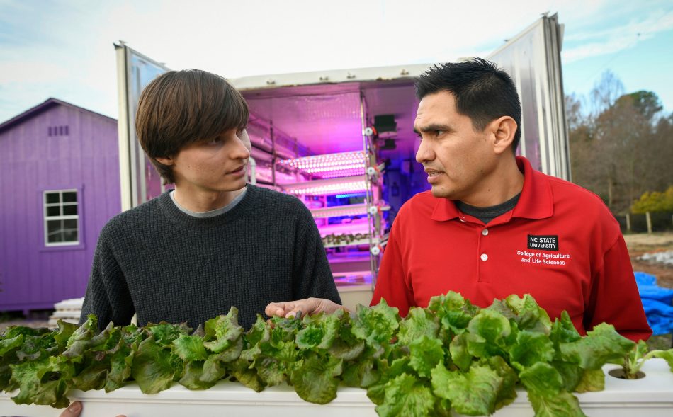 Two men holding a tray of plants outside of an open building with lights glowing.